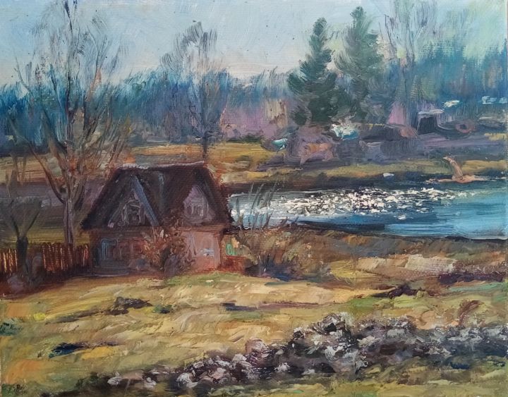 Painting titled "Весеннее озеро" by Natalya Timchenko, Original Art, Oil Mounted on Stretcher frame