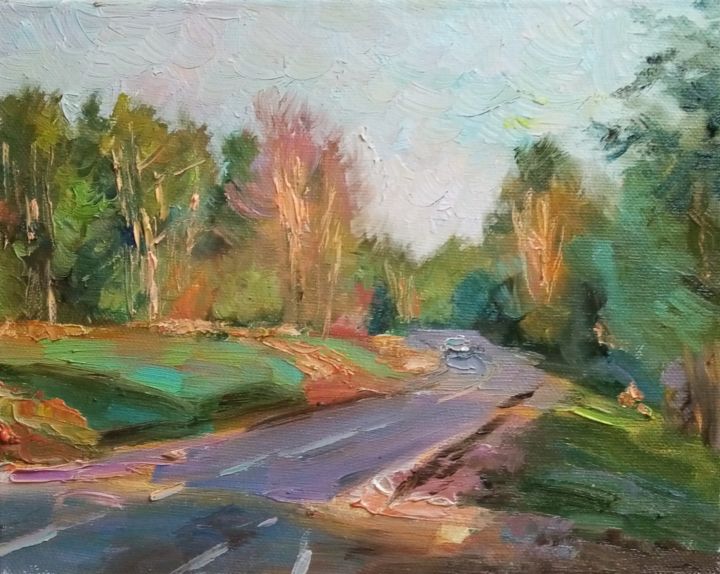 Painting titled "The highway in Kare…" by Natalya Timchenko, Original Artwork, Oil Mounted on Wood Stretcher frame