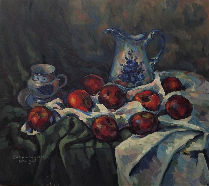 Malerei mit dem Titel "Apples with Gzhel j…" von Shtainfeld-Borovkov Nataly, Original-Kunstwerk, Öl