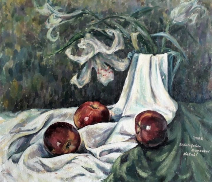 Painting titled "Still life with app…" by Shtainfeld-Borovkov Nataly, Original Artwork, Oil