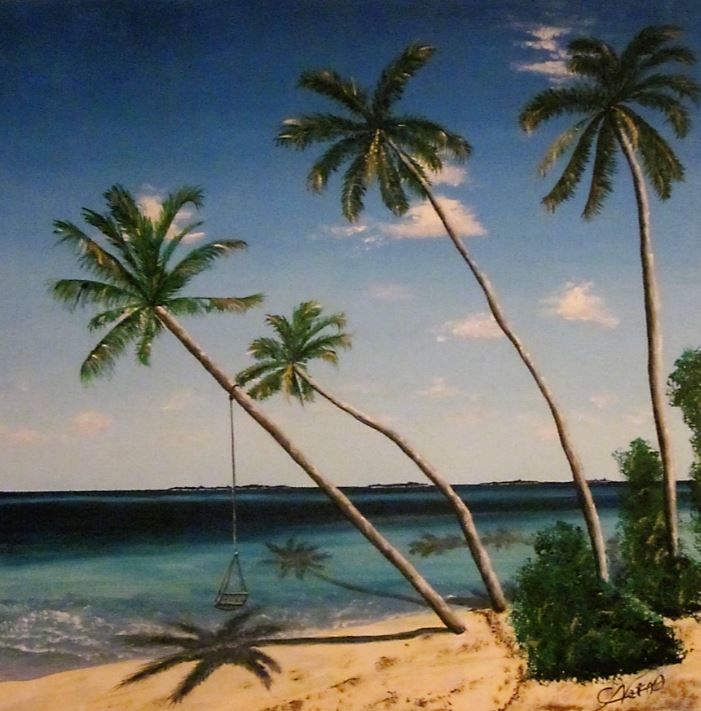 Painting titled "Sous les palmiers" by Nathanael Cesar, Original Artwork, Acrylic