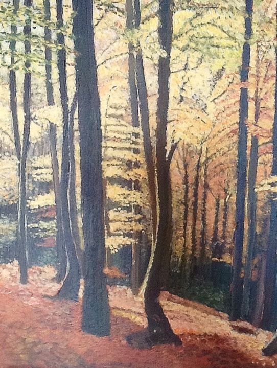 Painting titled "Sous bois d'automne" by Nathalie De Courrèges, Original Artwork, Acrylic