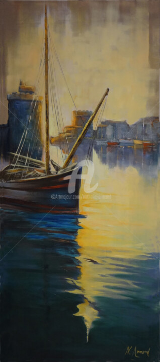 Schilderij getiteld "Le port de La Roche…" door Nathalie Armand, Origineel Kunstwerk, Acryl