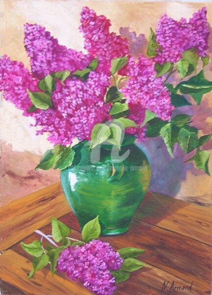 Painting titled "Lilas et vase vert" by Nathalie Armand, Original Artwork