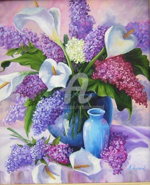 Painting titled "arums et lillas" by Nathalie Armand, Original Artwork, Oil