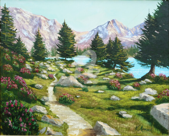 Painting titled "le lac d'omar" by Nathalie Armand, Original Artwork, Oil