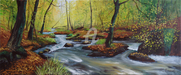 Painting titled "Sous bois en automne" by Nathalie Armand, Original Artwork, Oil