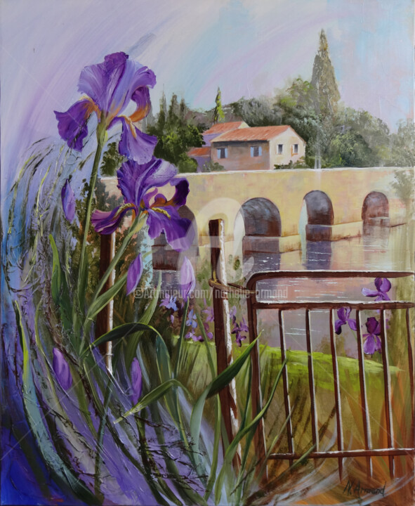 Painting titled "les-iris de Barbaste" by Nathalie Armand, Original Artwork, Oil