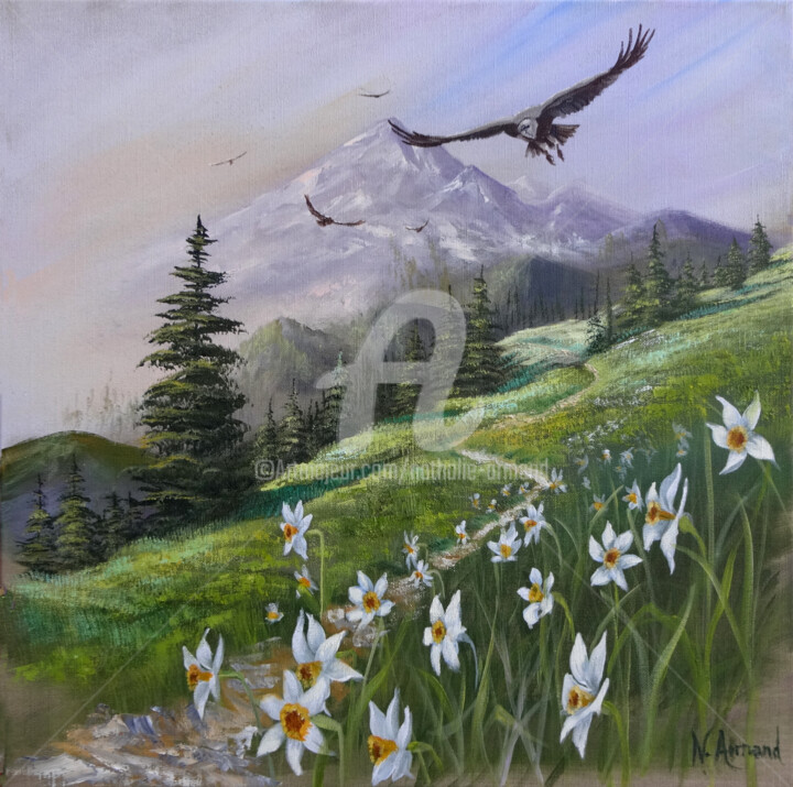 Painting titled "Les vautours fauves" by Nathalie Armand, Original Artwork, Oil