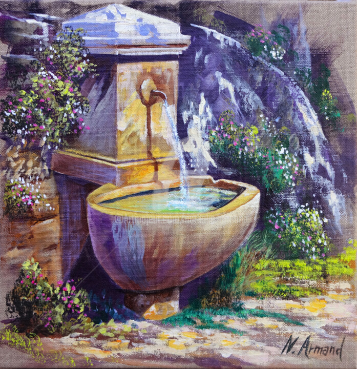 Painting titled "La fontaine de Tour…" by Nathalie Armand, Original Artwork, Oil