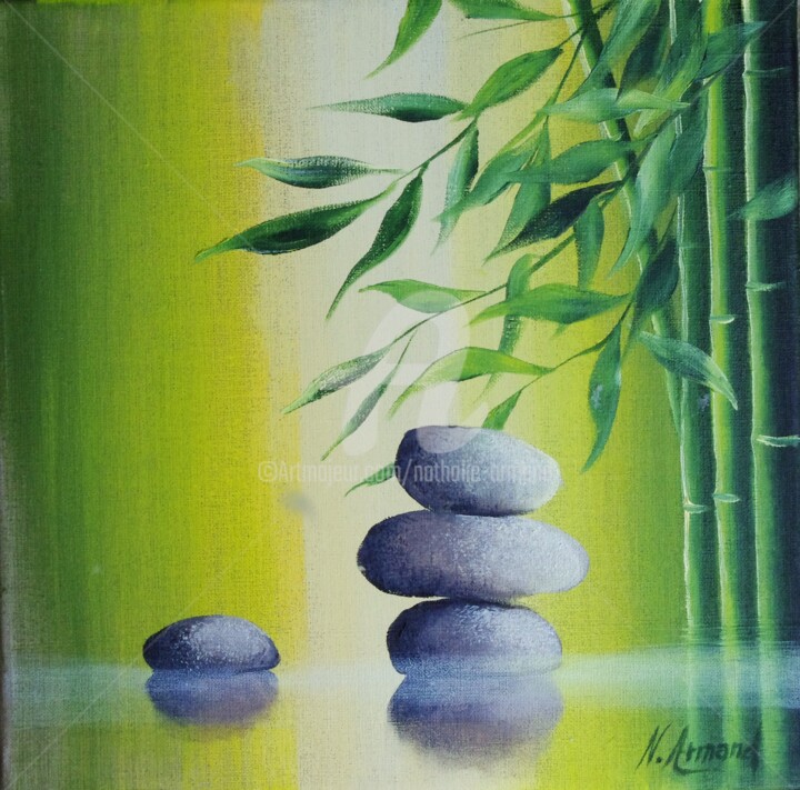 Peinture intitulée "bambous et galets" par Nathalie Armand, Œuvre d'art originale