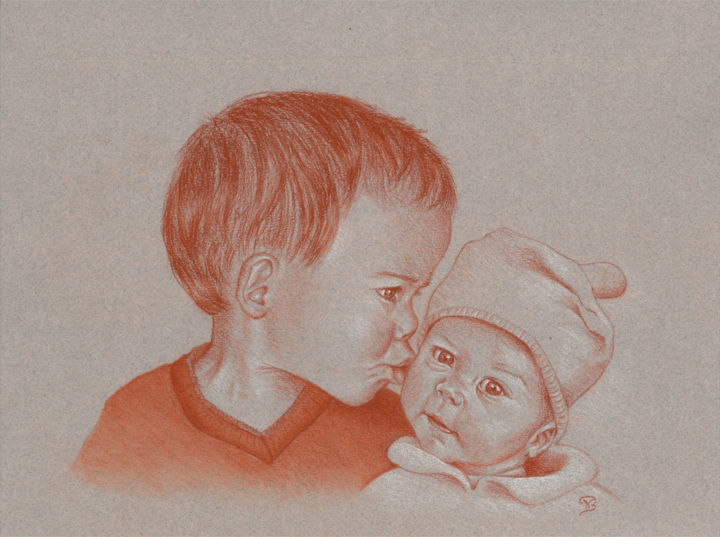 Drawing titled "Le bisou" by Nathalie Bernard, Original Art, Pastel
