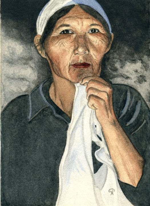 Ζωγραφική με τίτλο "Vieille femme au to…" από Nathalie Bernard, Αυθεντικά έργα τέχνης, Ακουαρέλα