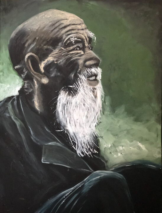 Painting titled "LE VIEUX SAGE" by Nathalie Blu, Original Artwork, Acrylic Mounted on Wood Stretcher frame