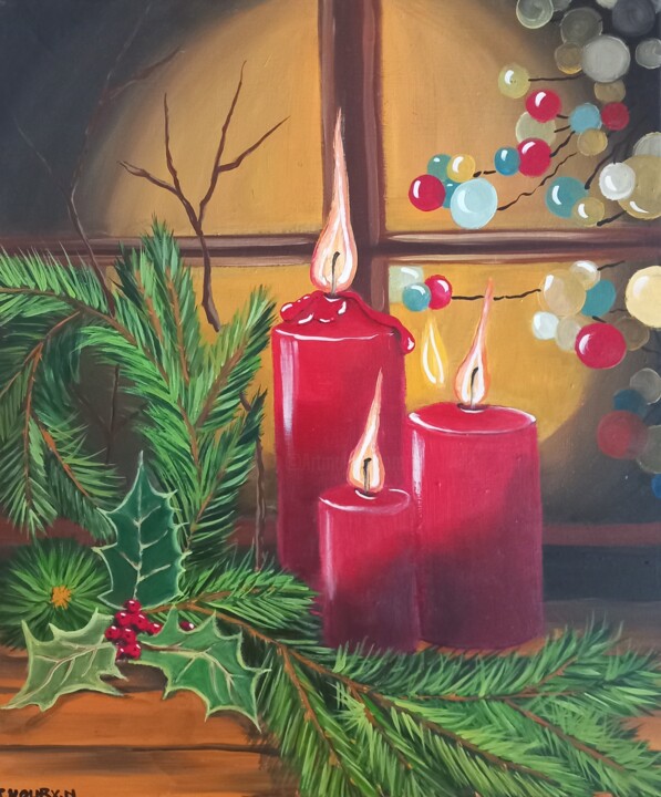 Painting titled "Thème de Noël" by Nathalie Choury, Original Artwork, Oil Mounted on Wood Stretcher frame