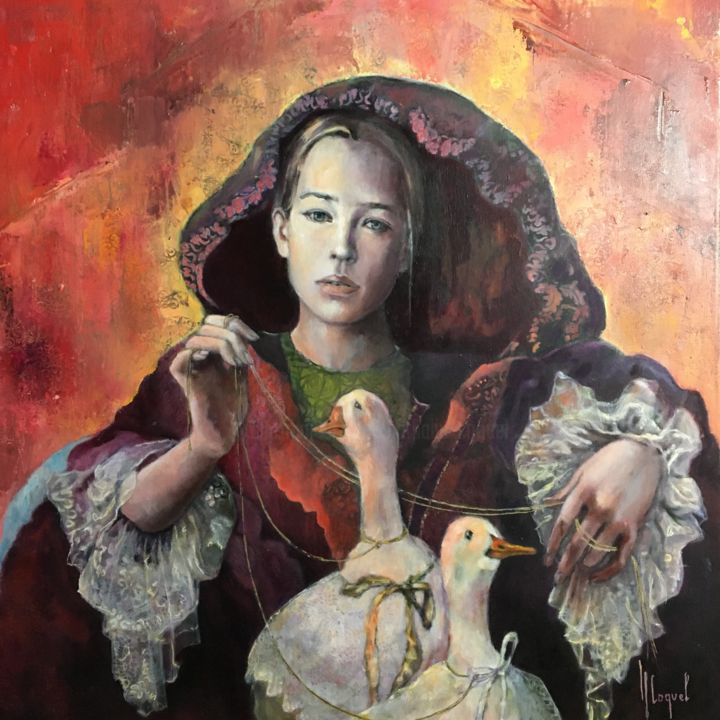 Peinture intitulée ""La Gardeuse d'Oies"" par Nathalie Coquel Duvillier, Œuvre d'art originale, Huile