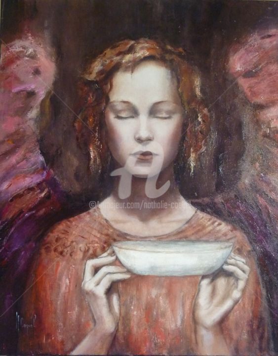 Painting titled ""L'Ange à l'offrand…" by Nathalie Coquel Duvillier, Original Artwork, Oil
