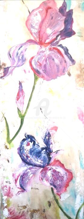 Painting titled "Les iris" by Nathalie Cornet (Les ateliers du 35), Original Artwork, Acrylic