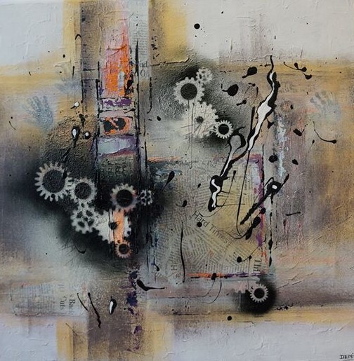 Painting titled "Les rouages 4" by Nathalie Denis, Original Artwork, Oil Mounted on Wood Stretcher frame