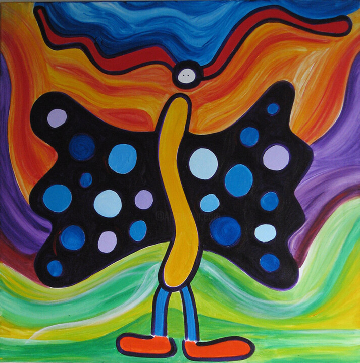 Painting titled "Dotted Butterfly" by Nathalie Gribinski, Original Artwork, Acrylic Mounted on Wood Stretcher frame
