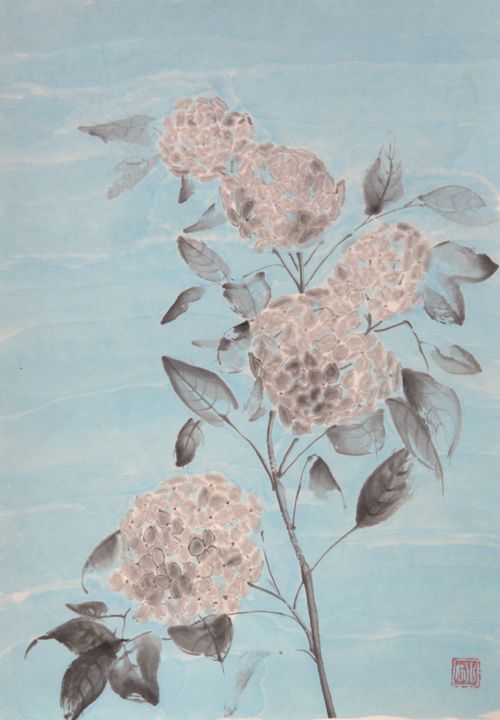 Painting titled "hortensia-pop" by Nathalie Guski, Original Artwork, Ink