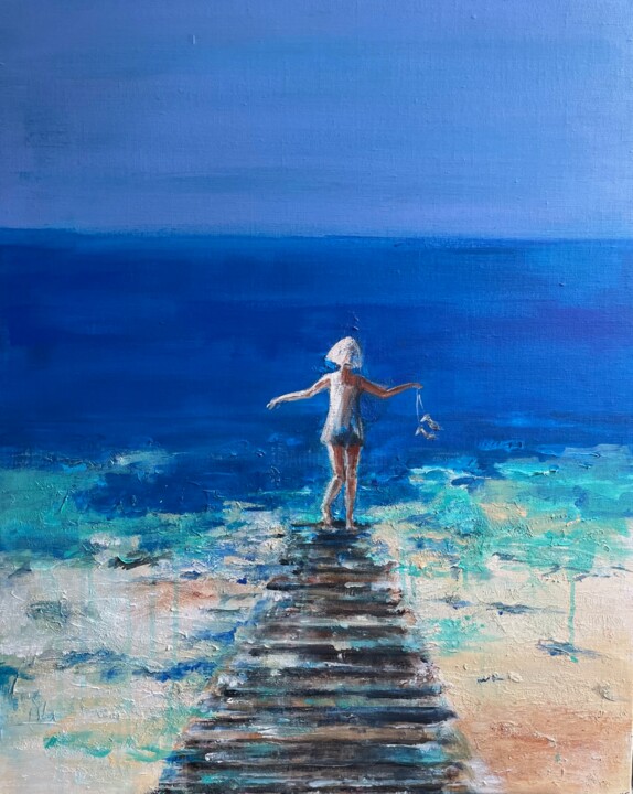 Painting titled "Chemin de plage" by Nathalie Joulin, Original Artwork, Acrylic Mounted on Wood Stretcher frame