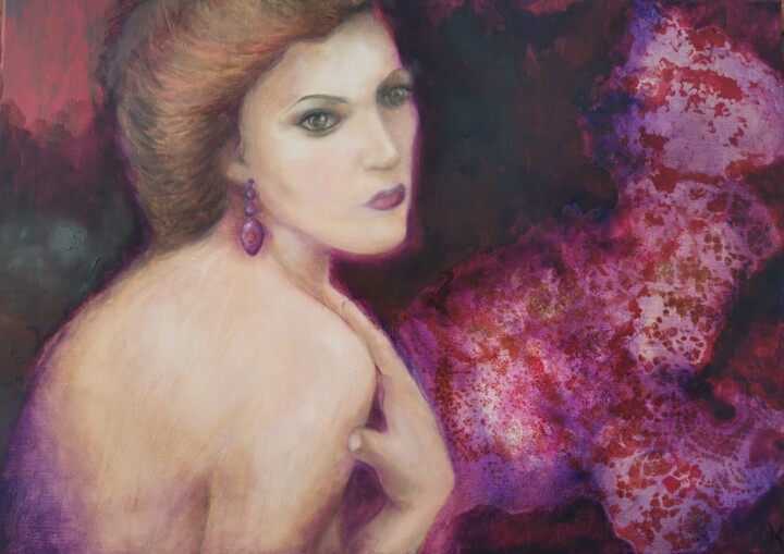 Pintura titulada "La femme à la boucl…" por Nathalie Kill, Obra de arte original, Oleo Montado en Bastidor de camilla de mad…