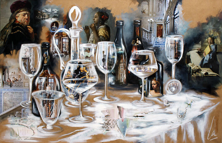 Painting titled "Banquet au Rialto" by Nathalie Lemaitre, Original Artwork, Oil Mounted on Wood Stretcher frame