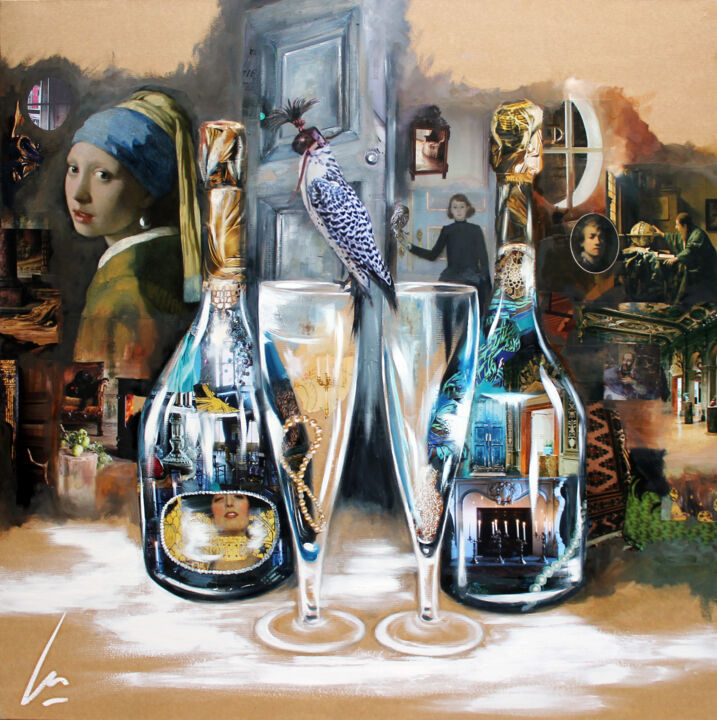 Painting titled "Champagnes" by Nathalie Lemaitre, Original Artwork, Oil Mounted on Wood Stretcher frame