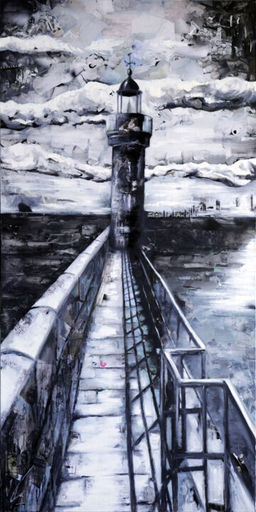 Painting titled "Le phare de Bastia" by Nathalie Lemaitre, Original Artwork, Oil Mounted on Wood Stretcher frame