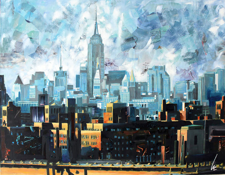 Painting titled "Manhattan-Brooklyn" by Nathalie Lemaitre, Original Artwork, Oil Mounted on Wood Stretcher frame