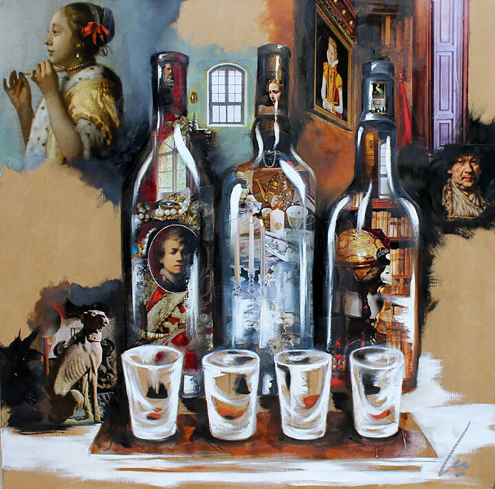 Pittura intitolato "La dégustation N°3" da Nathalie Lemaitre, Opera d'arte originale, Olio Montato su Barella di tela