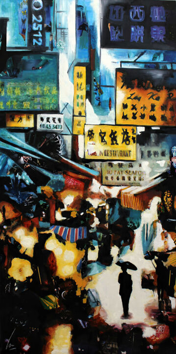 Pintura titulada "Le marché de Temple…" por Nathalie Lemaitre, Obra de arte original, Oleo Montado en Bastidor standard