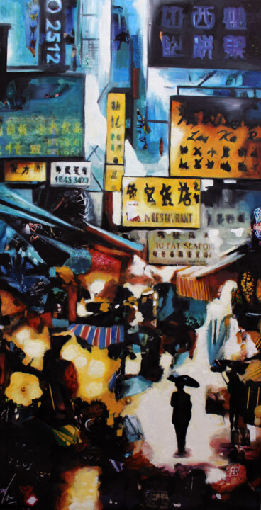 Peinture intitulée "Le marché de Temple…" par Nathalie Lemaitre, Œuvre d'art originale, Huile Monté sur Châssis en bois
