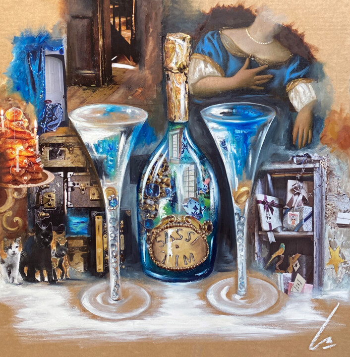 Painting titled "Cats Love Champagne" by Nathalie Lemaitre, Original Artwork, Collages Mounted on Wood Stretcher frame