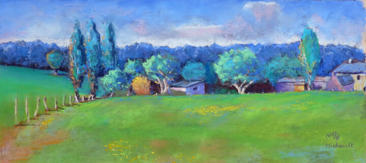 Painting titled "La ferme du bas" by Nathalie Michault, Original Artwork, Pastel Mounted on Cardboard