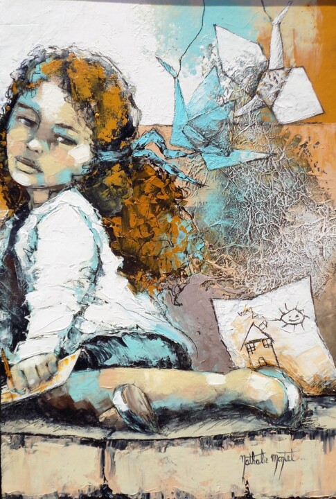 Painting titled "les petits papiers.…" by Nathalie Montel, Original Artwork, Acrylic Mounted on Wood Panel