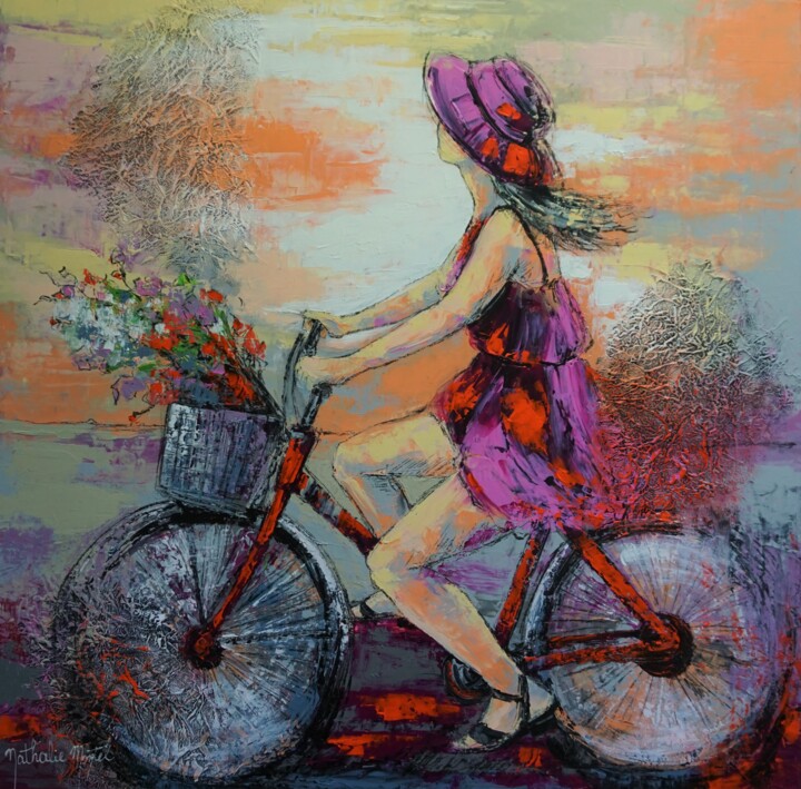 Painting titled "La bicyclette rouge" by Nathalie Montel, Original Artwork, Acrylic Mounted on Wood Stretcher frame