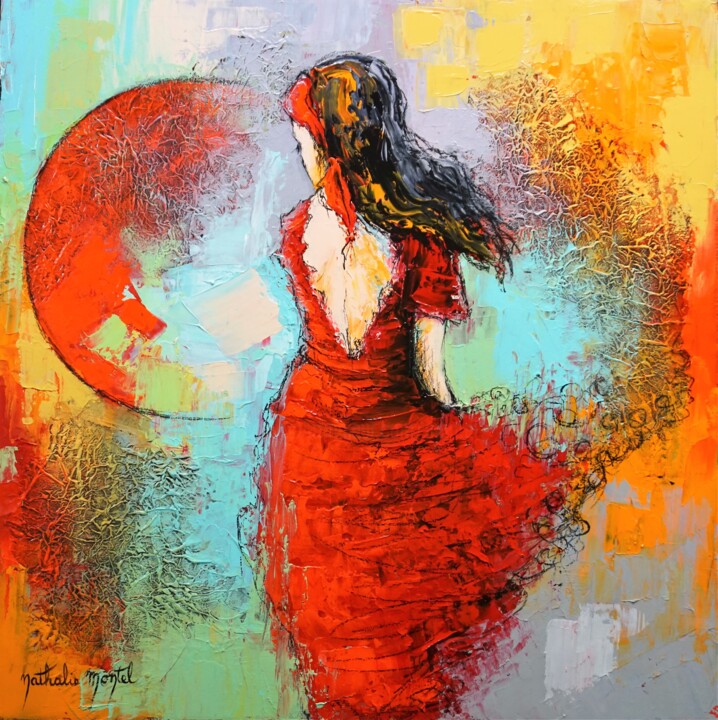 Peinture intitulée "Lune rouge" par Nathalie Montel, Œuvre d'art originale, Acrylique Monté sur Châssis en bois