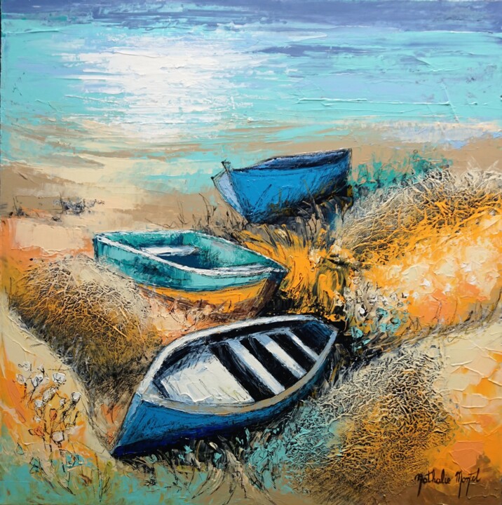 Картина под названием "les trois barques" - Nathalie Montel, Подлинное произведение искусства, Акрил Установлен на Деревянна…