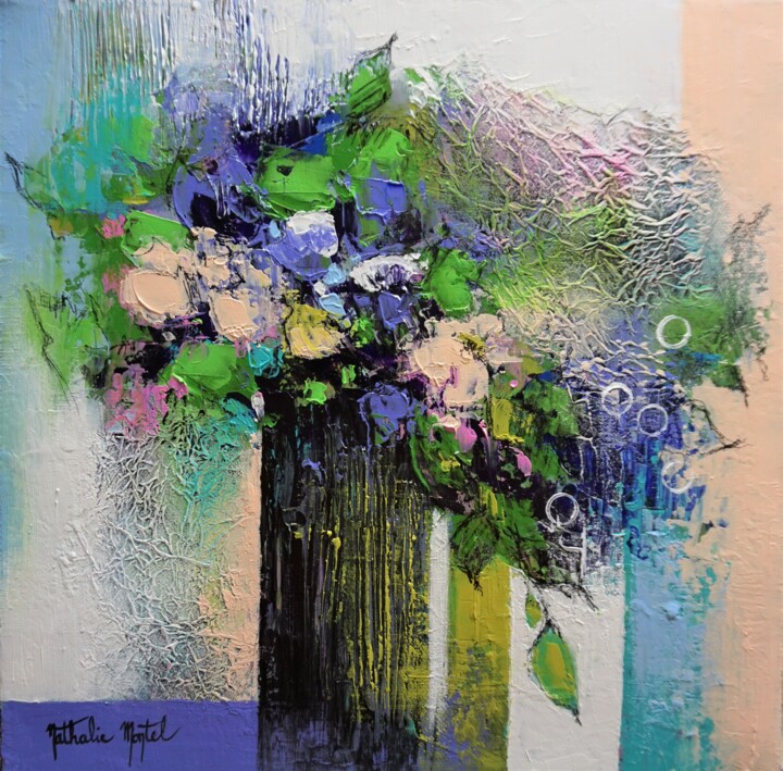 Painting titled "douces fleurs" by Nathalie Montel, Original Artwork, Acrylic Mounted on Wood Stretcher frame