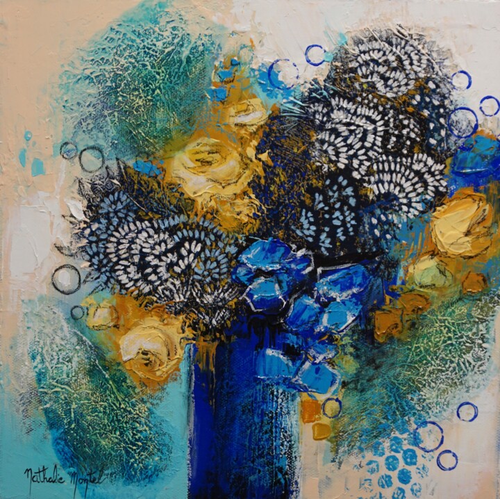Painting titled "quelques fleurs jau…" by Nathalie Montel, Original Artwork, Acrylic Mounted on Wood Stretcher frame