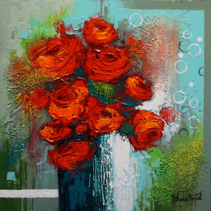 Картина под названием "Roses rouges" - Nathalie Montel, Подлинное произведение искусства, Акрил Установлен на Деревянная рам…