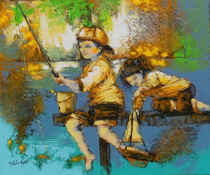 Schilderij getiteld "Bonne pêche" door Nathalie Montel, Origineel Kunstwerk, Acryl Gemonteerd op Frame voor houten brancard