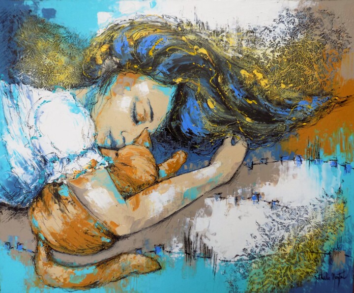 Peinture intitulée "Calin du soir.Natha…" par Nathalie Montel, Œuvre d'art originale, Acrylique Monté sur Châssis en bois