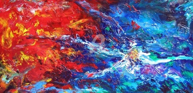 Painting titled "LAVA AND SEA" by Nathalie Morin, Original Artwork, Oil