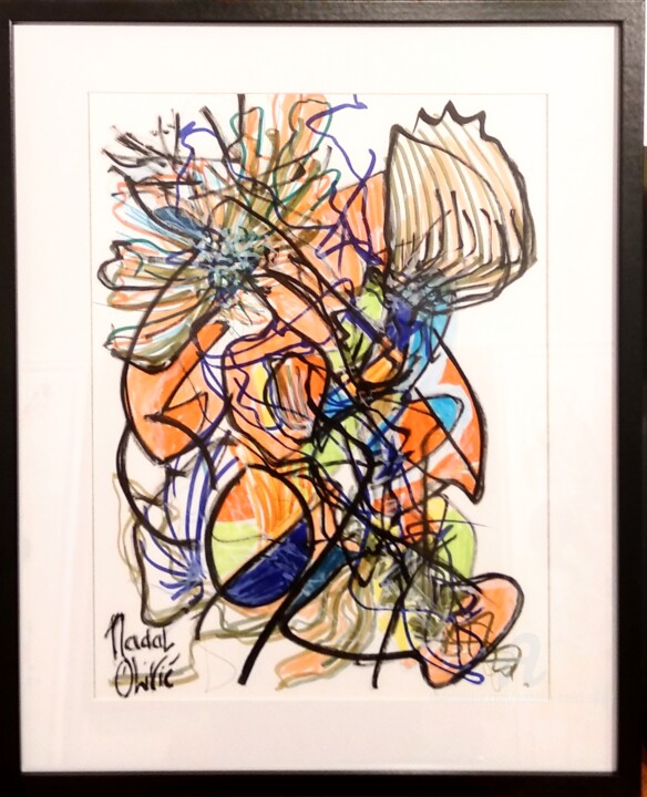 Drawing titled "OEUVRE UNIQUE "BLOO…" by Nathalie Nadal-Olivié, Original Artwork, Marker Mounted on Wood Panel