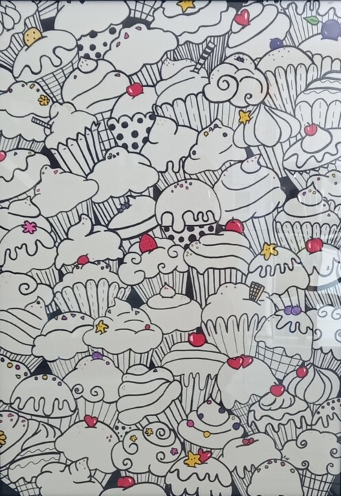 Drawing titled "CUP CAKES" by Nathalie Pellissier, Original Artwork, Marker Mounted on Plexiglass