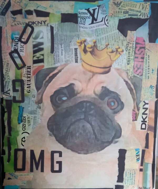 "KING DOG 2" başlıklı Kolaj Nathalie Pellissier tarafından, Orijinal sanat, Kolaj Ahşap Sedye çerçevesi üzerine monte edilmiş