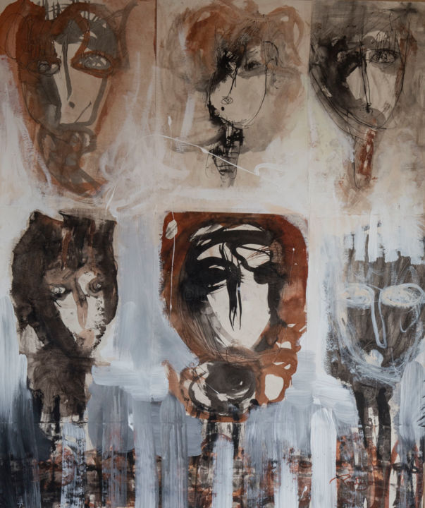 Malerei mit dem Titel "Les Têtes (2012)" von Nathalie Portejoie, Original-Kunstwerk
